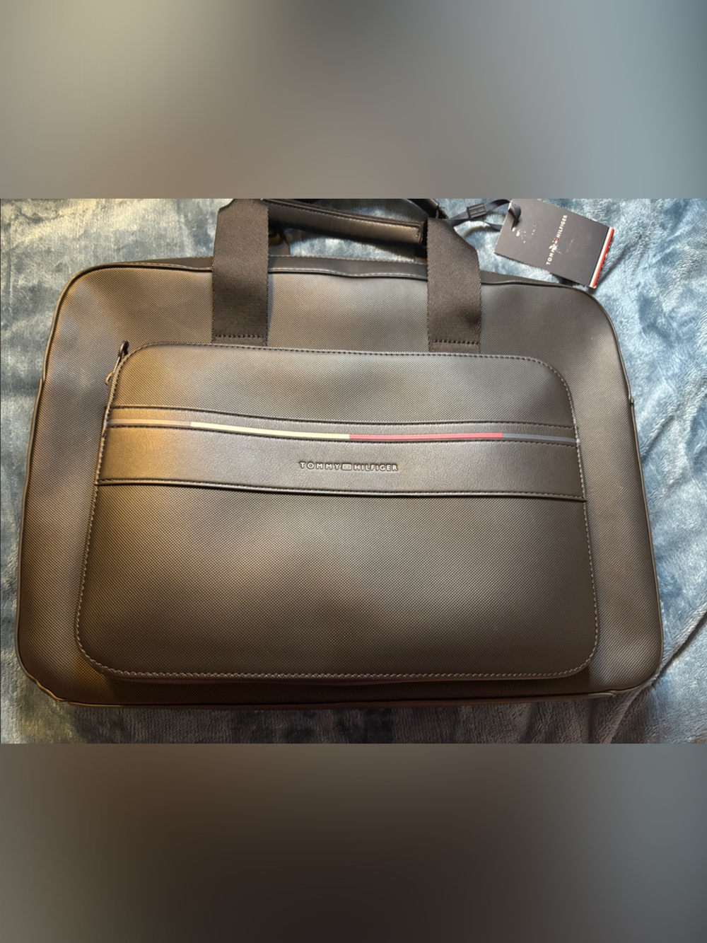 Tommy Hilfiger Black Men's Laptop Briefcase with Signature Stripe